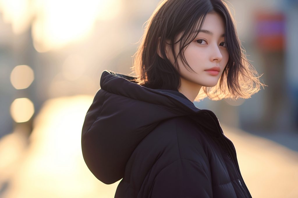 黒いダウンを着た女性